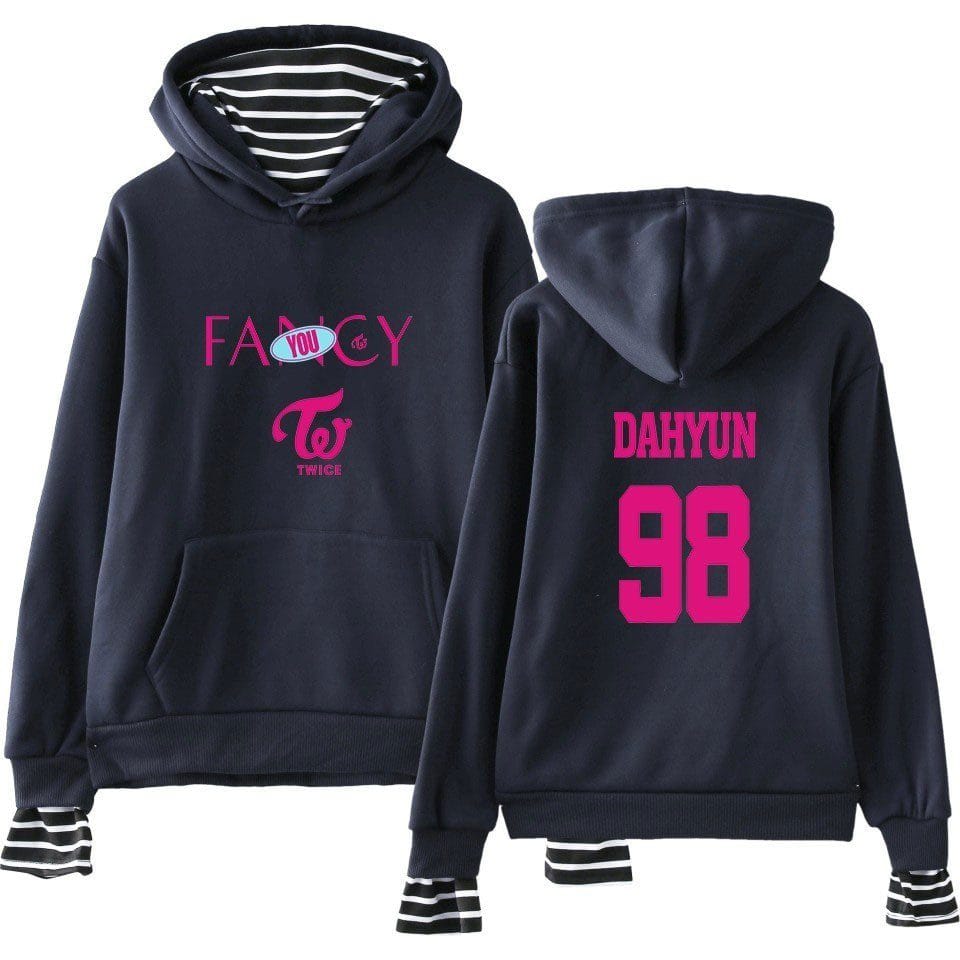Twice kpop merch hoodie with TWICE logo and personalized name DAEHYUN 98 print.