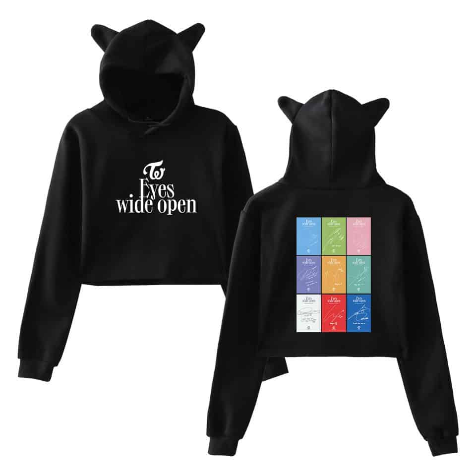 Twice kpop merch hoodie with cat ear hood design.