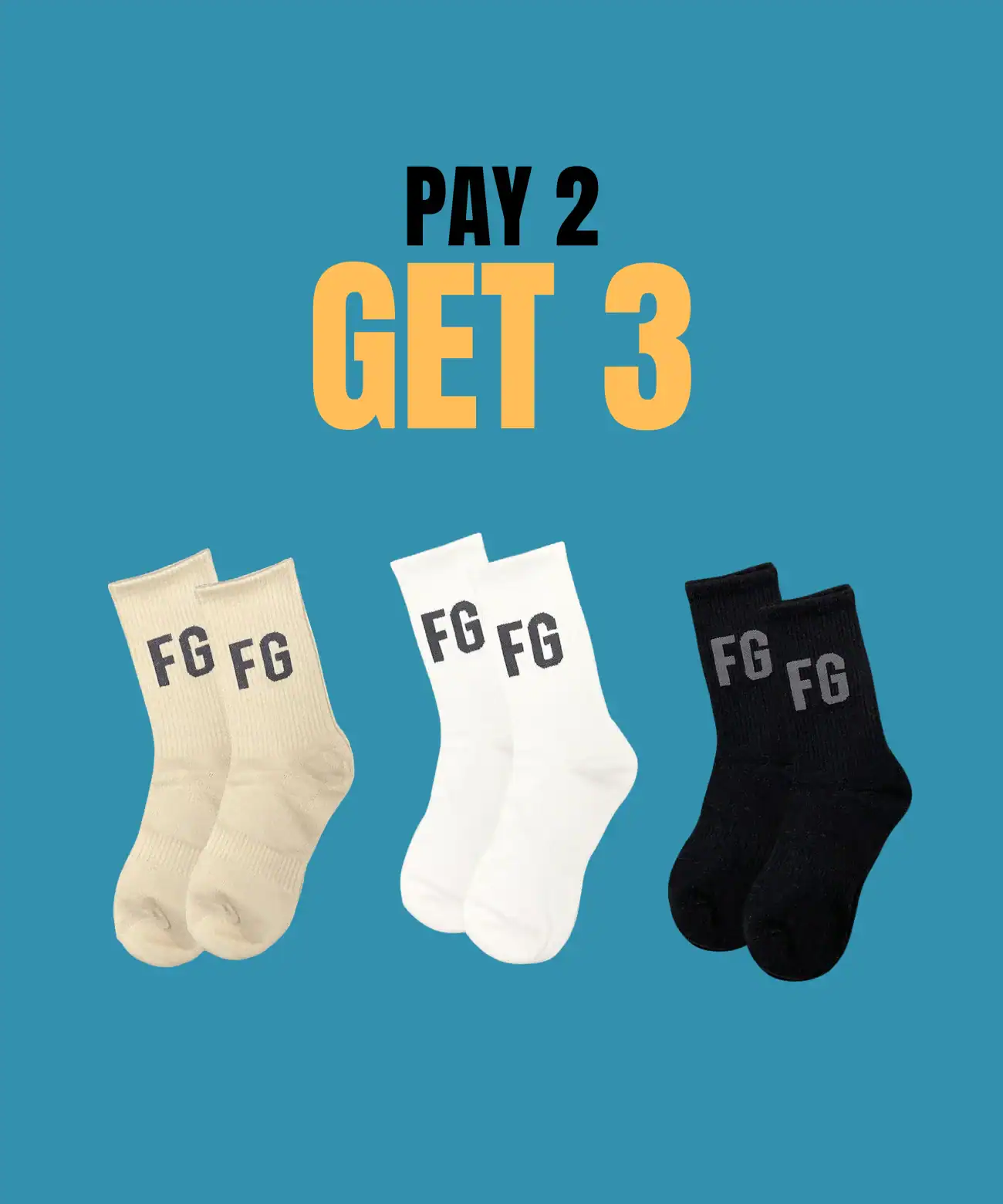 2. Soft, colorful Kpop socks set featuring the FG logo in beige, white, and black for fans of Korean pop music merchandise.