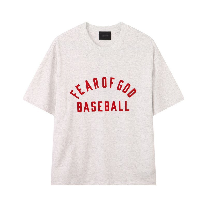 Fear of God baseball t-shirt with bold red text, oversized fit, perfect for casual K-pop merchandise collection and streetwear styles.