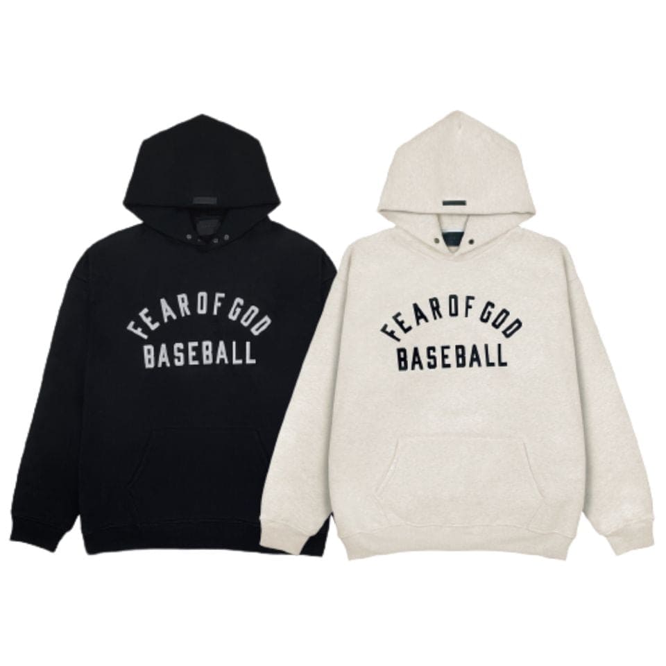 Black and white Fear of God Baseball hoodies with "Fear of God" text, casual streetwear style, dual pack for fans, soft fabric, oversized fit, unisex, versatile for everyday wear, trendy K-pop merch.
