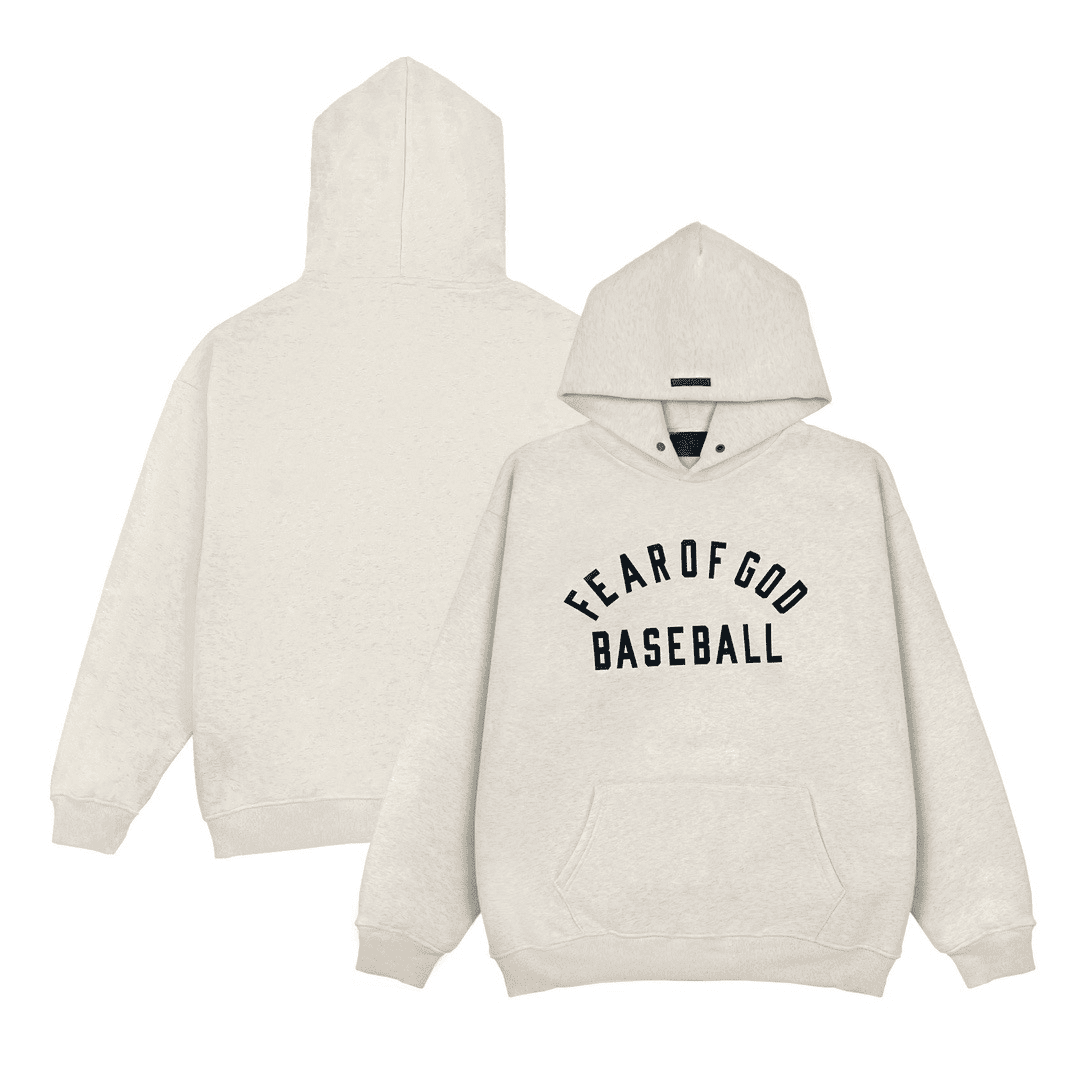 Fear of God baseball hoodie with "Fear of God Baseball" printed on front, soft fleece material, oversized fit, perfect for K-pop fans and streetwear enthusiasts, unisex style, off-white color, trendy K-pop merchandise.