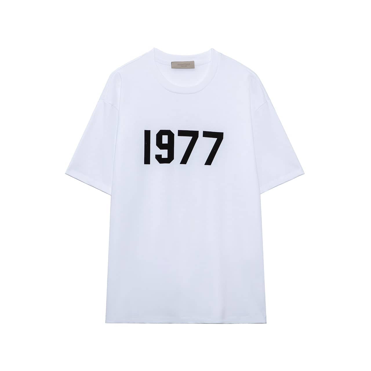 1977 K-pop merch white t-shirt with black numbers, casual streetwear for fans and collectors.