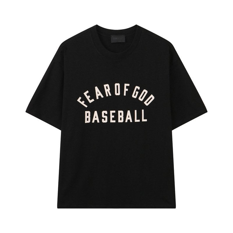 Fear of God baseball t-shirt featuring bold white text on a black fabric, perfect for stylish casual wear and K-pop merchandise collections.