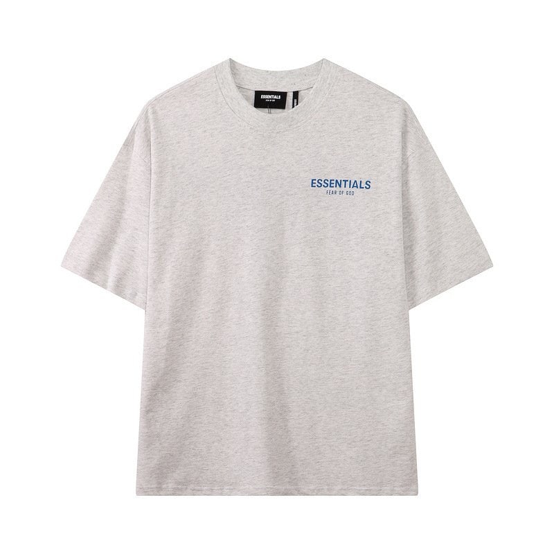 Basic grey t-shirt with "ESSENTIALS FEAR OF GOD" logo in blue text on the chest.