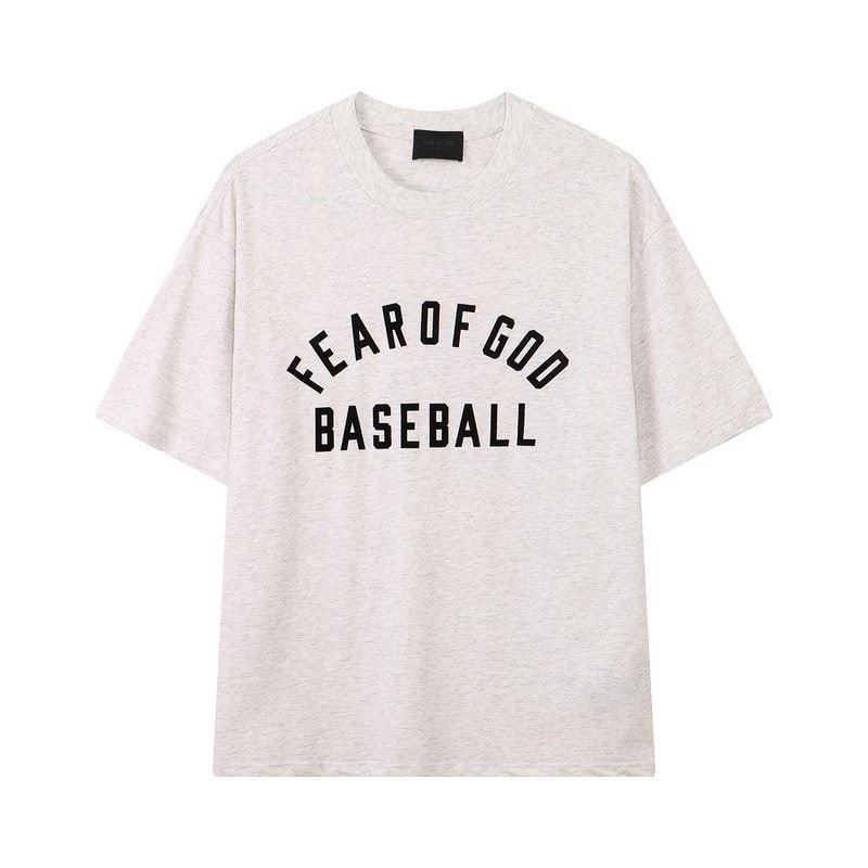 Fear of God Baseball T-shirt, K-pop merch, oversized grey tee with bold black text, perfect for fans of K-pop fashion and streetwear style.