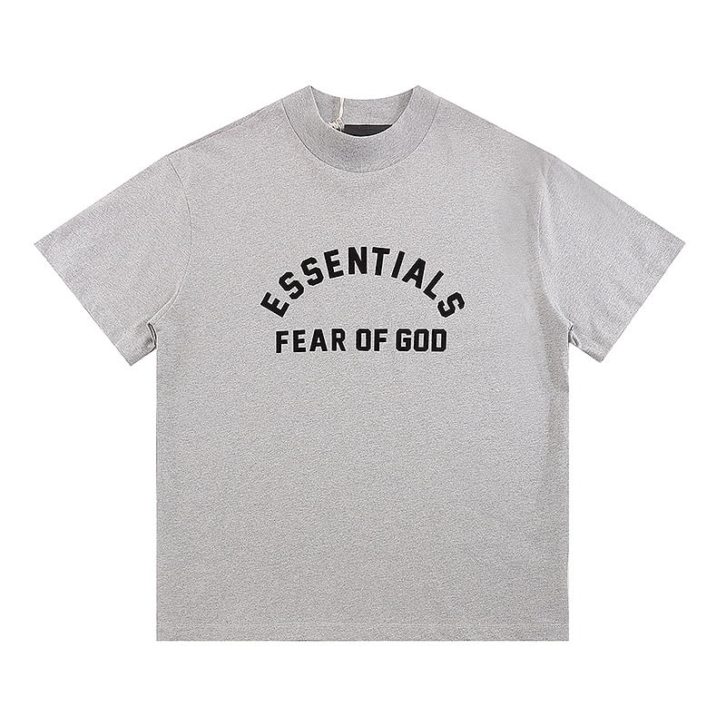 ESSENTIALS FEAR OF GOD graphic T-shirt, oversized style, casual streetwear, unisex, minimalist design, grey color, comfortable fabric, popular fashion item, fashionable streetwear for K-pop fans, trendy merchandise.