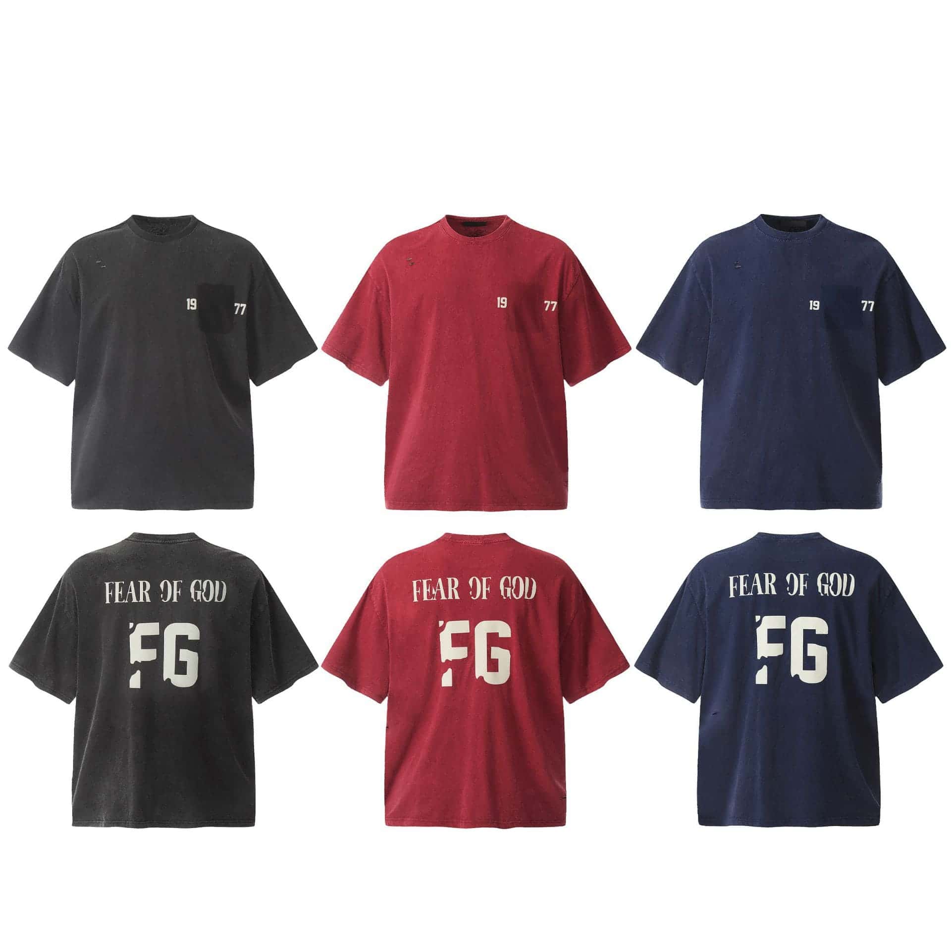 Black, red, and blue oversized T-shirts with "Fear of God" and "77 19" text, featuring a distressed, vintage look and casual style, perfect for K-pop merchandise fans.