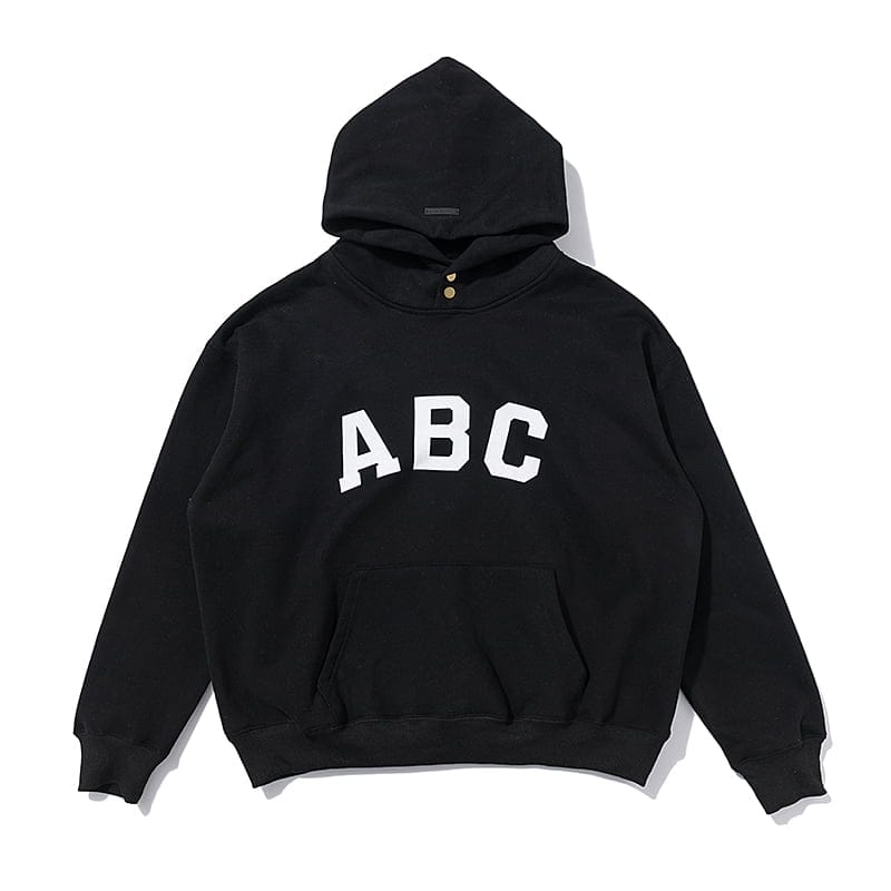 ABC black hoodie with front pocket, perfect for K-pop merchandise fans, comfortable and stylish.