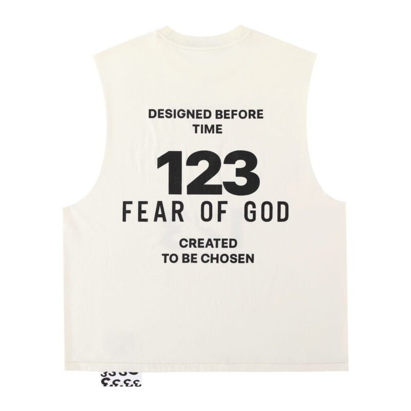 123 FEAR OF GOD white sleeveless T-shirt with bold black text and meaningful design.