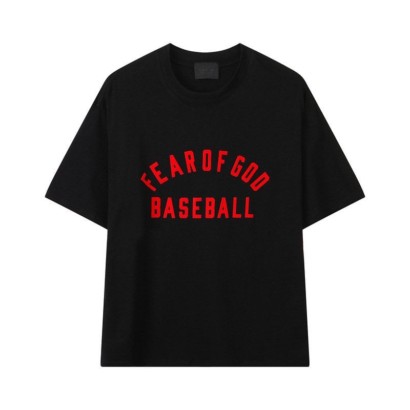 Fear of God Baseball black graphic t-shirt, oversized fit, soft cotton material, casual streetwear, unisex design, popular among K-pop fans for its trendy style, perfect for pairing with jeans or shorts.