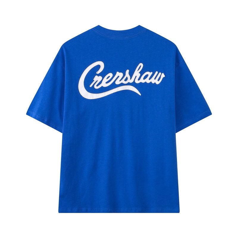 Crershaw blue oversized T-shirt featuring bold white logo, perfect for K-pop merch fans and casual streetwear style.