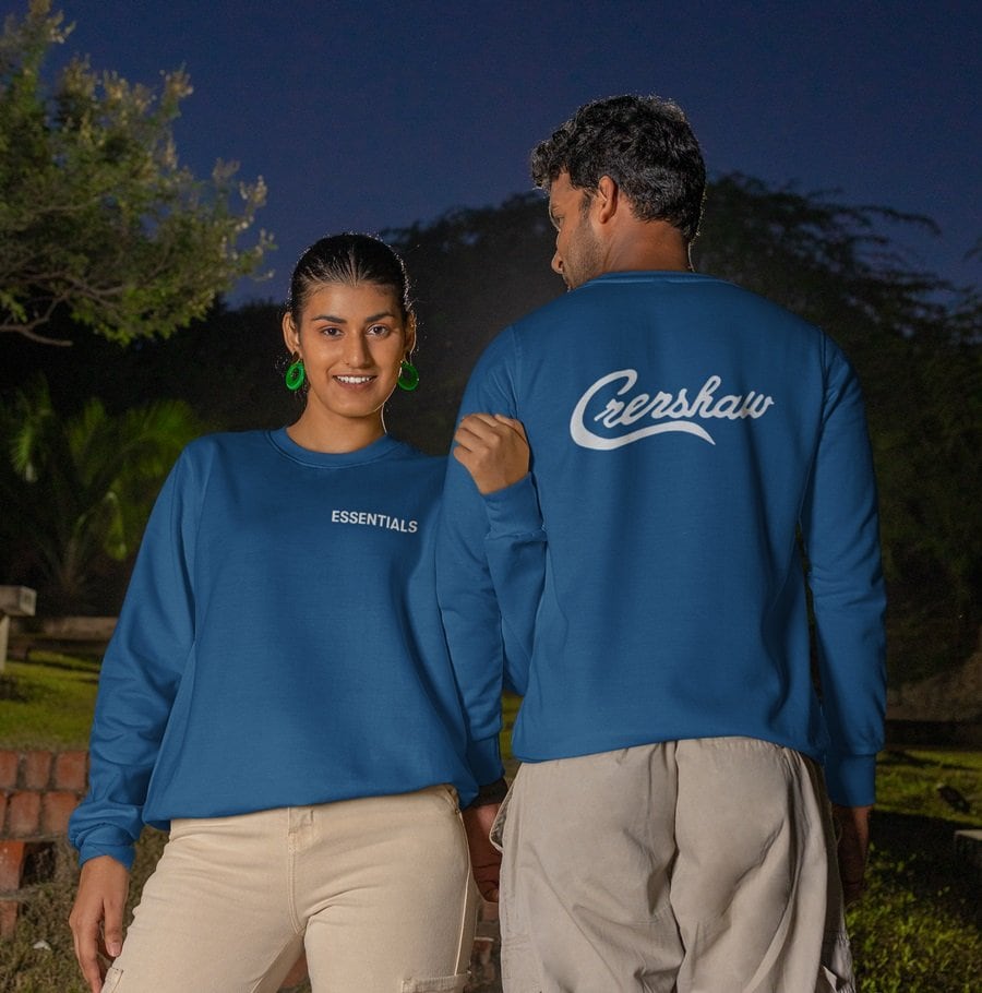 Cershawn blue sweatshirt for both men and women, casual and stylish streetwear, embroidered logo, perfect for outdoor and social wear, unisex design, comfortable fit, trendy K-pop merchandise style.