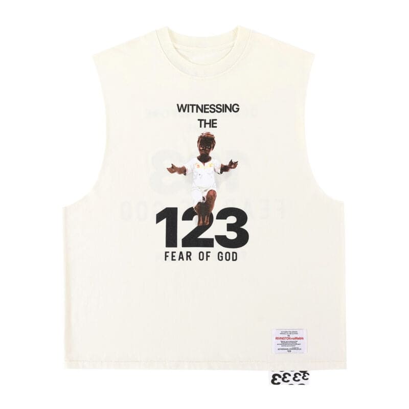 Worn sleeveless white T-shirt featuring a graphic design with a child figure and the text "Witnessing the 123 Fear of God" in bold black font, with "twice kpop merch" text in the background.