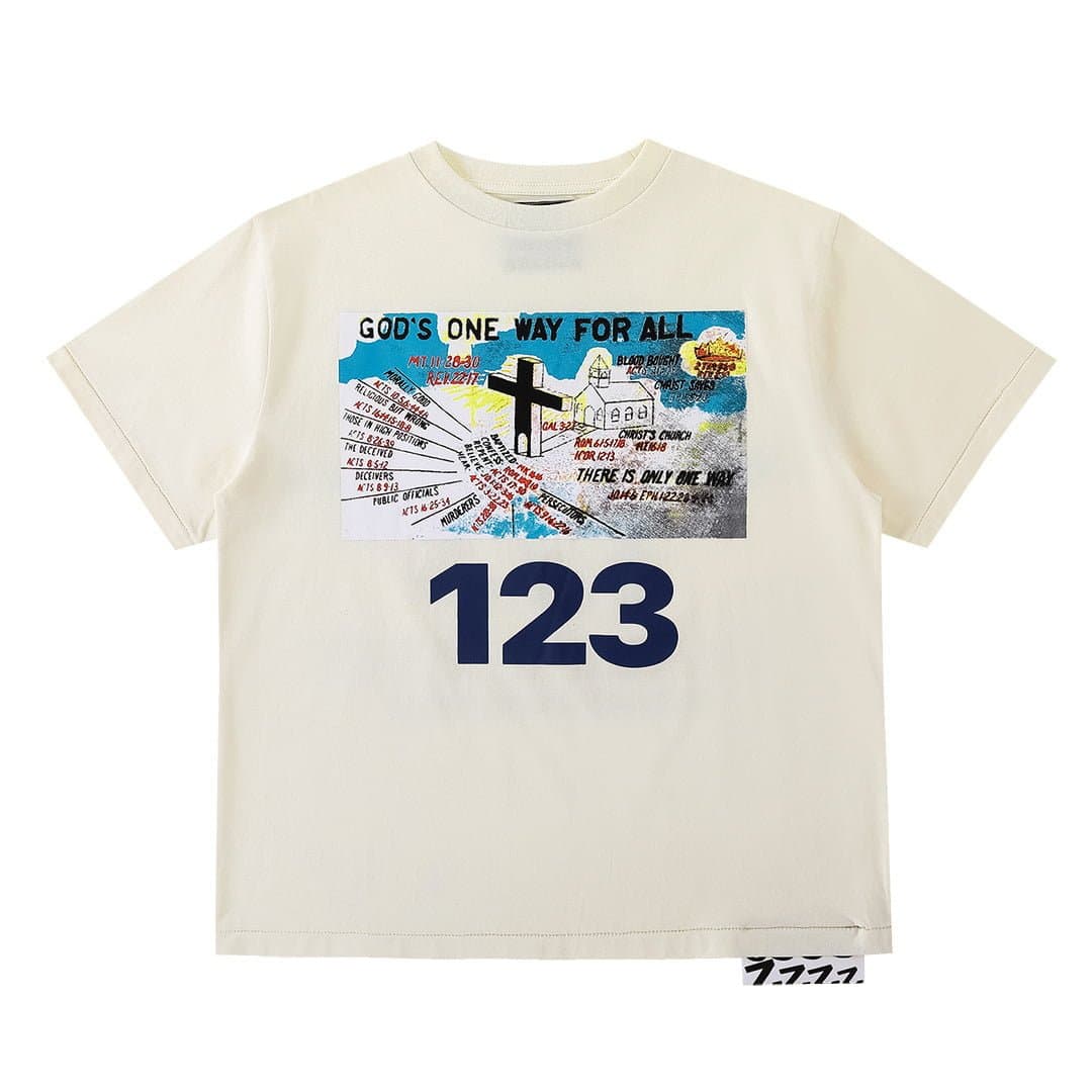 123 t-shirt with religious and chaotic graphic design, featuring crosses, churches, and spray paint elements, representing edgy K-pop merchandise style.
