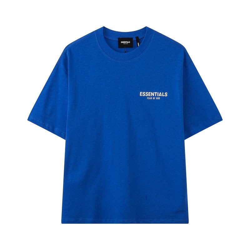 ESSENTIALS blue t-shirt with logo, casual streetwear, unisex fashion, minimalistic style, popular K-pop merch.