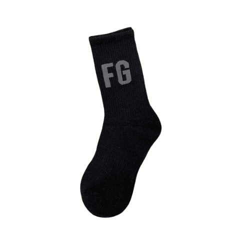 FG branded black K-pop merchandise sock, showcasing minimalistic style and comfort.