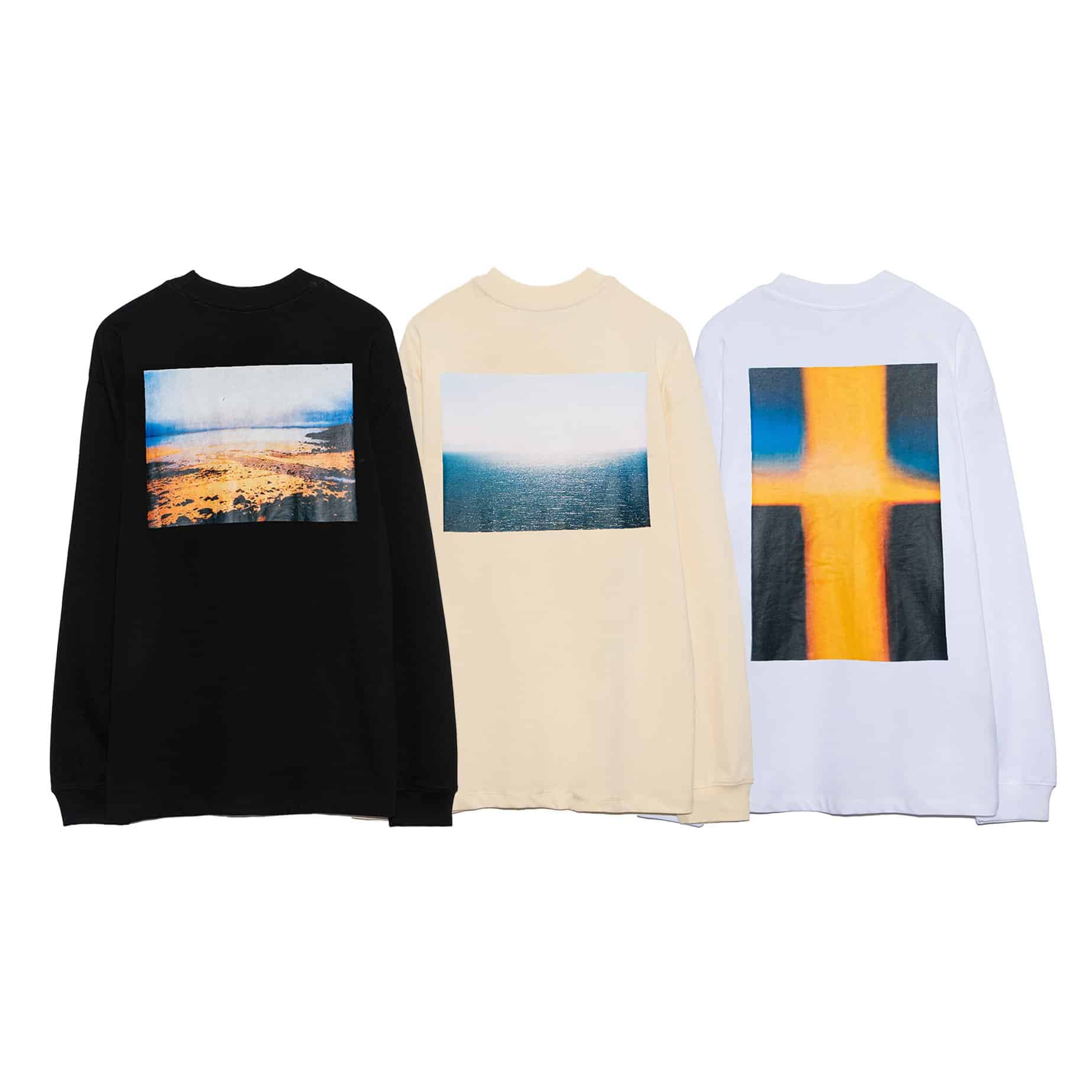 Black, cream, and white long-sleeve graphic t-shirts with scenic and abstract prints, perfect for K-pop fans.