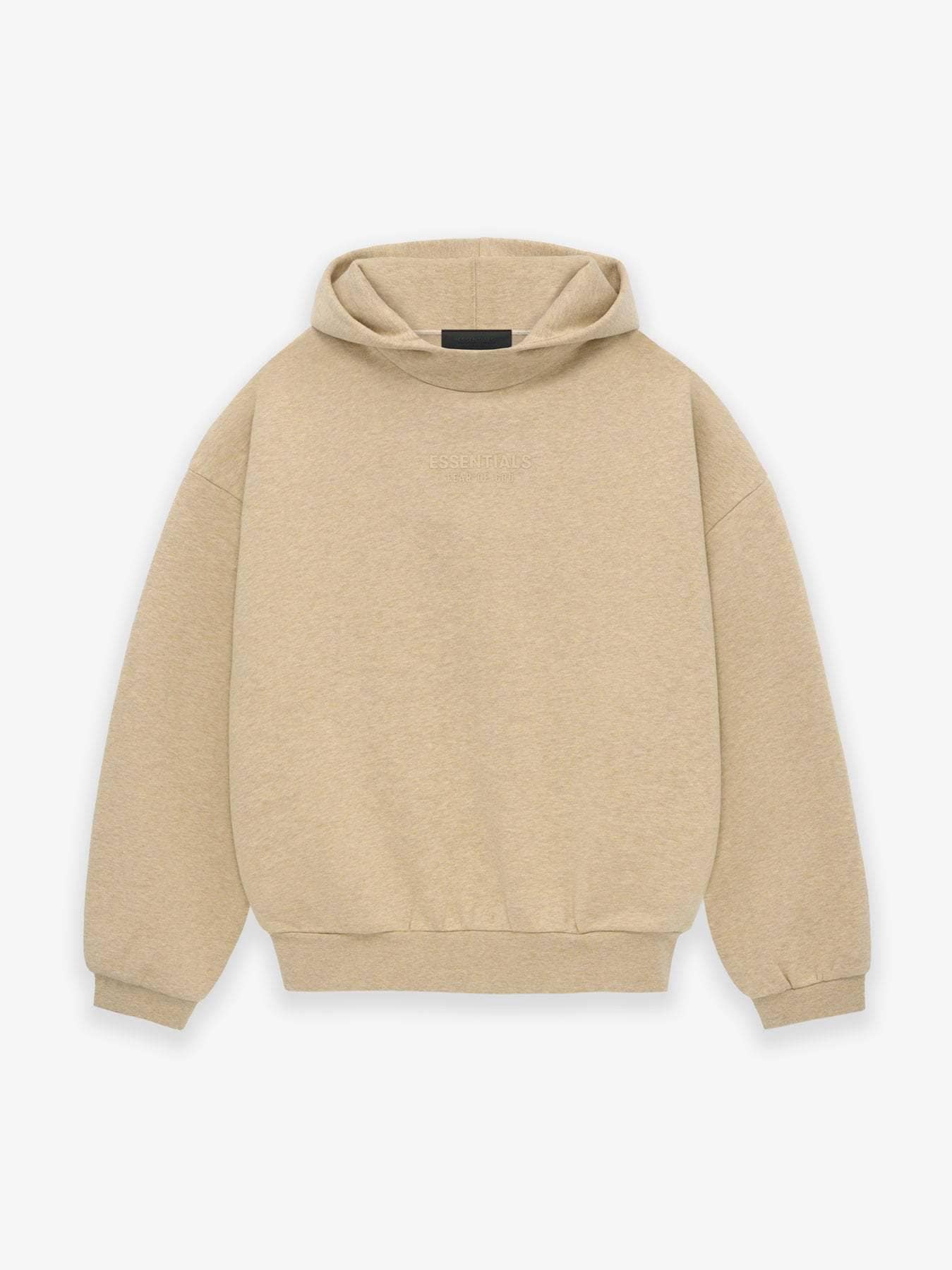 Comfy beige hoodie with subtle embossed "ESSENTIALS" text for stylish K-pop fan merchandise. Perfect for casual wear or concerts, showcasing loyalty to favorite K-pop groups. A versatile addition to any Kpop merch collection.