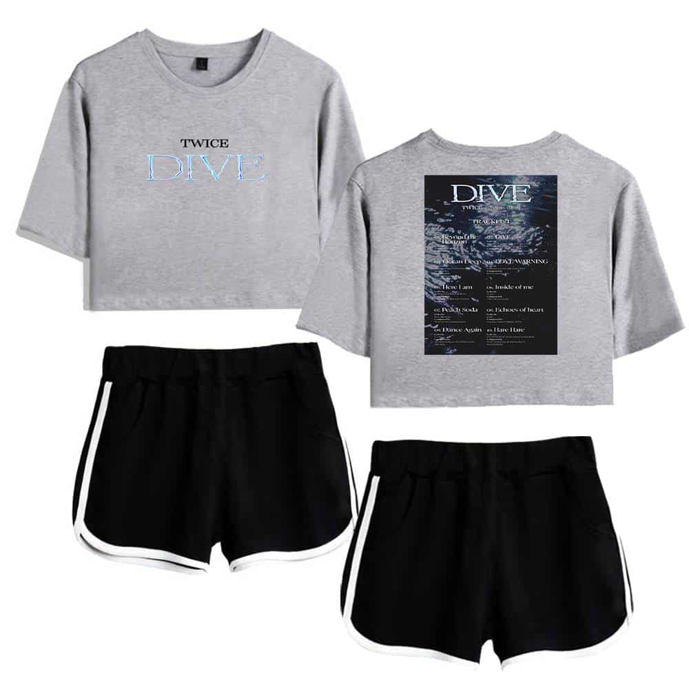 Twice kpop merch, Twice DIVE album graphic sweatshirt and shorts set, black and grey casual kpop clothing, trendy style, official merchandise, K-pop fan apparel, music album inspired fashion, comfortable streetwear, Kpop fandom gift ideas, popular group merchandise.