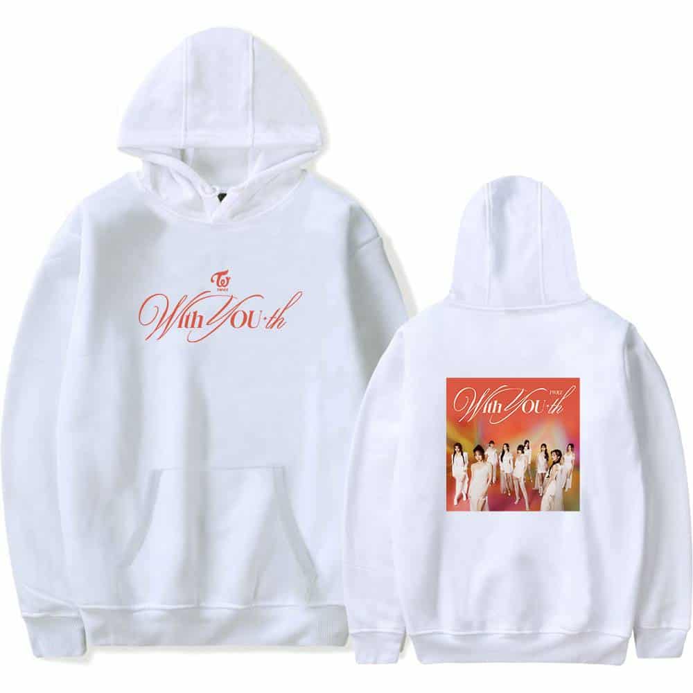 White sweatshirt with TWICE K-pop girl group graphic design, perfect for fans of K-pop merchandise and group concerts.