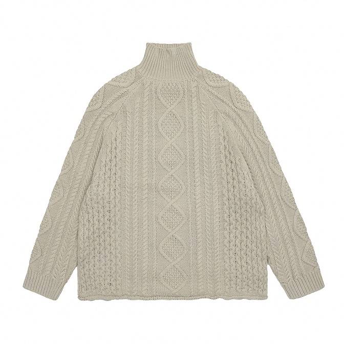 Knit sweater with cable patterns and turtleneck, cozy winter fashion, off-white color, warm and stylish, perfect for cold weather.