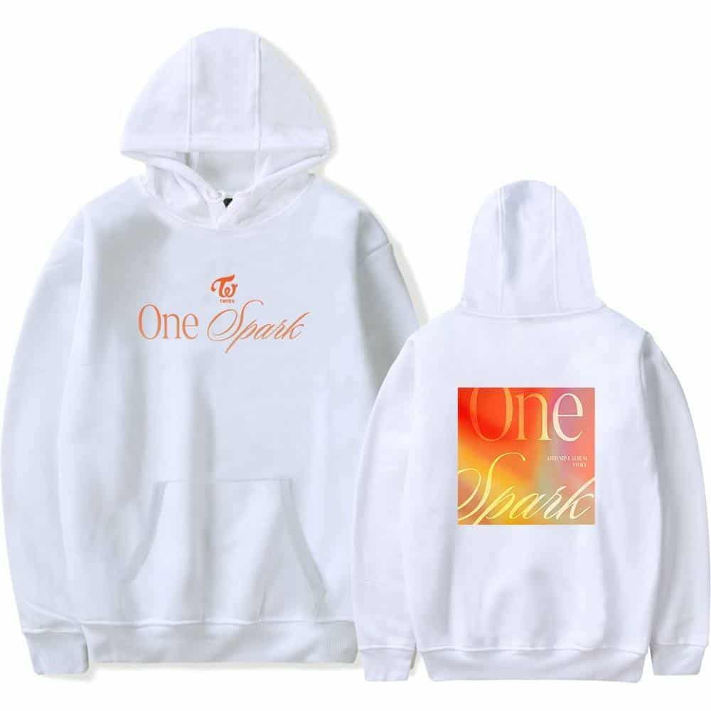 Oversized white hoodie with "One Spark" text and colorful graphic design on the back, perfect for K-pop merch fans.