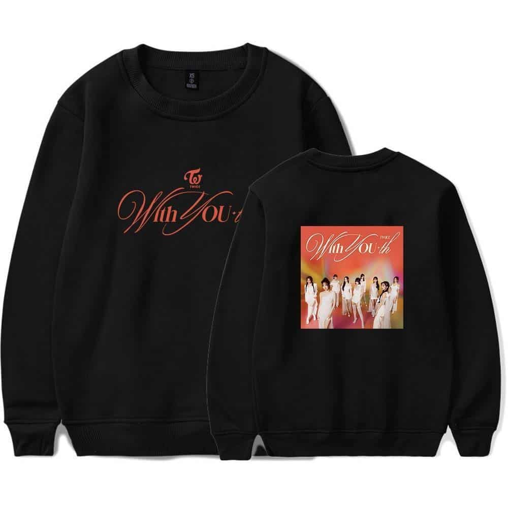 Twice kpop merch sweatshirt with group photo and poetic wording.