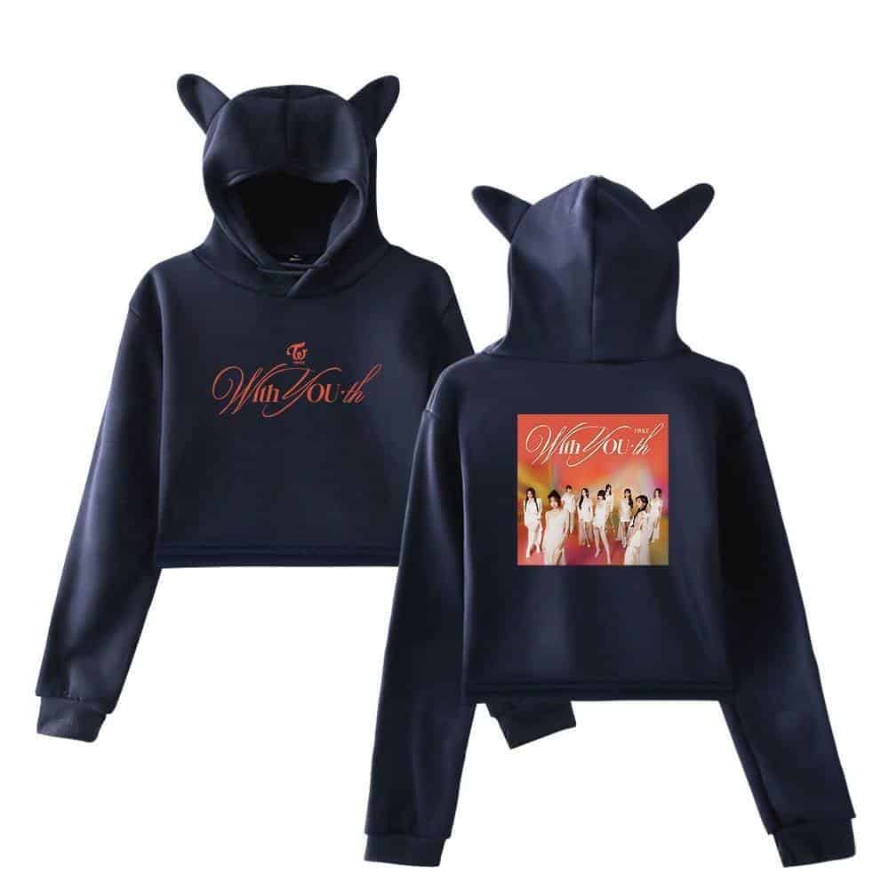 Black hooded sweatshirt with cat ears and "To Wh y outh" text, front view.