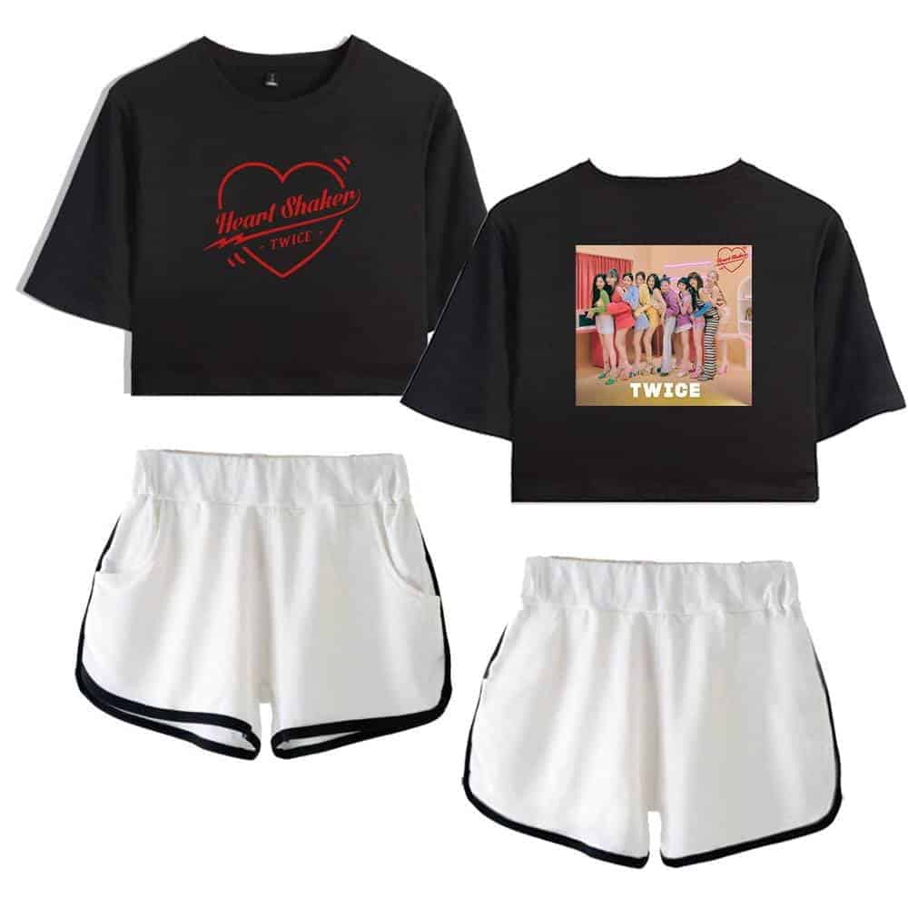 Heart Shaker TWICE graphic crop top with printed back photo and white athletic shorts with black trim.