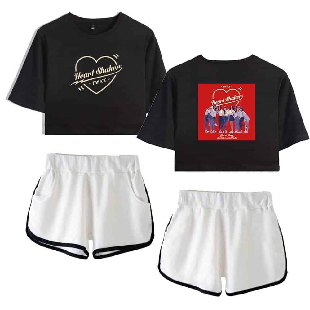 Heart Shaker TWICE black cropped T-shirt with Hello Baby graphic design and white athletic shorts. Perfect K-pop merch for fans.
