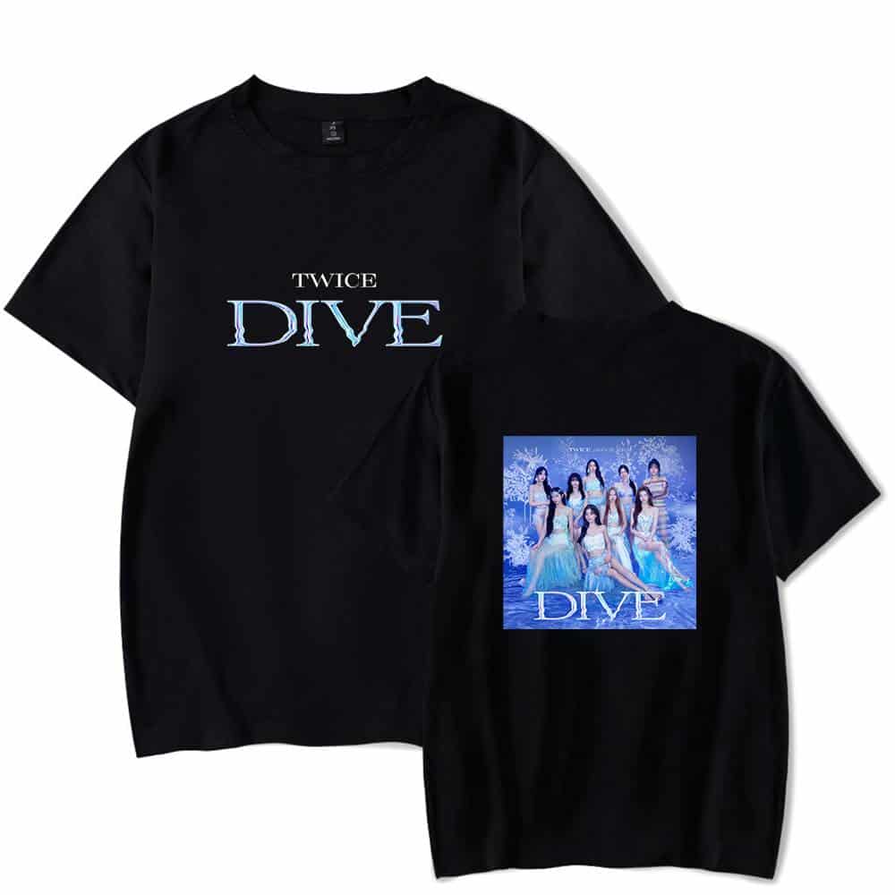 Black TWICE DIVE t-shirt featuring a group photo of TWICE members with winter-themed background. Perfect for K-pop fans and collectors of TWICE merchandise. Soft, comfortable fabric for everyday wear.
