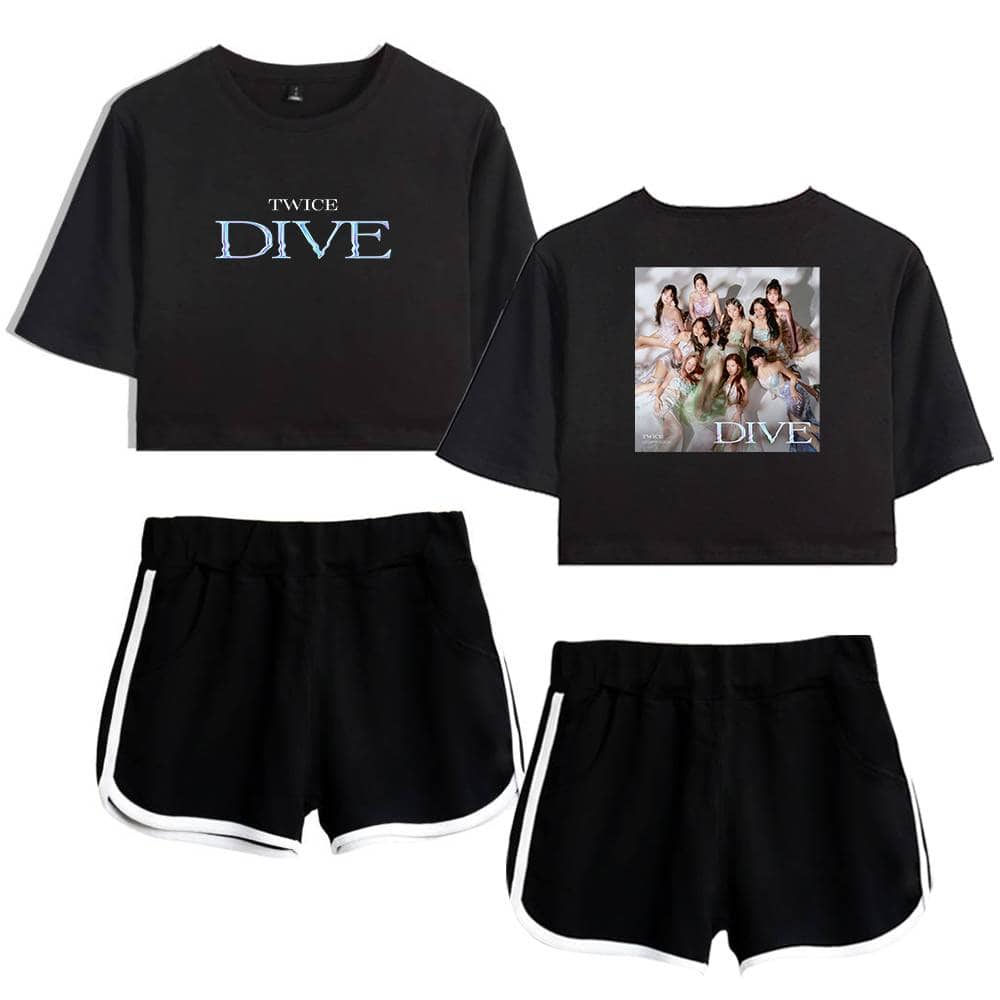 Twice kpop merch black crop top with "DIVE" text and group image, comfortable athletic shorts for fans of TWICE, perfect casual outfits to show support for the popular K-pop girl group, stylish and trendy K-pop merchandise for fans.