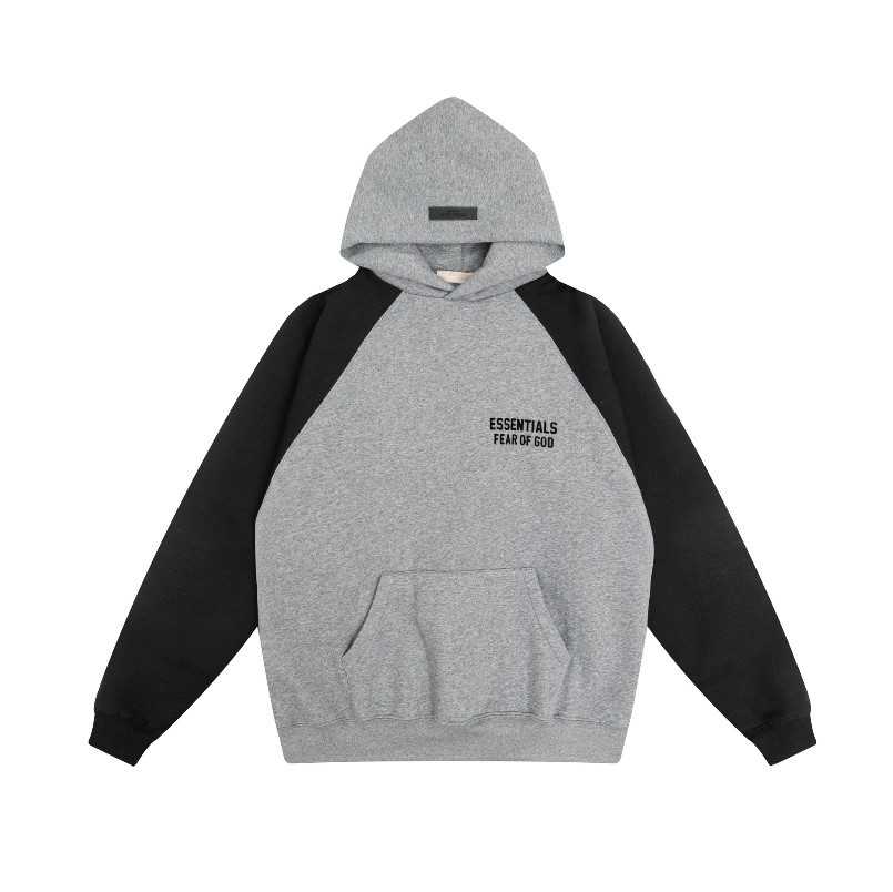 Black and gray hoodie with "ESSENTIALS FEAR OF GOD" text, Kpop merch style.