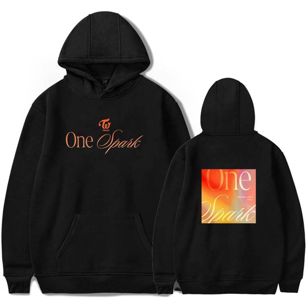 Twice kpop merch hoodie with "One Spark" design in black. perfect for fans of TWICE, featuring stylish and comfortable apparel to show support for the popular K-pop group. great for daily wear or concerts.