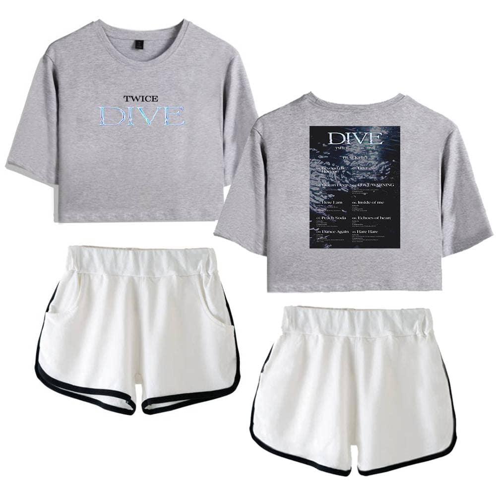 Twice kpop merch, twice kpop merchandise, Twice DIVE graphic sweatshirt and shorts set, stylish casual wear for K-pop fans, featuring iconic album artwork and comfortable design, perfect for expressing fandom.