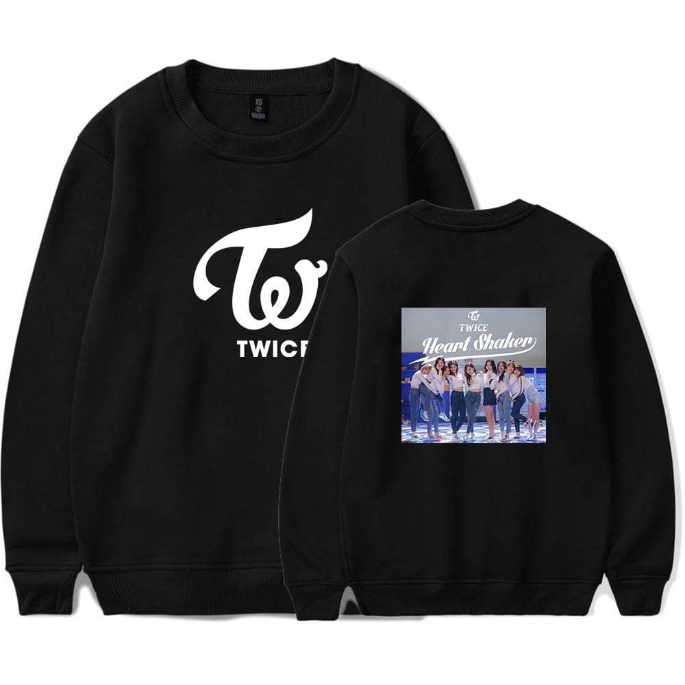 TWICE K-pop merch sweatshirt with group image on back and logo on front, perfect for fans of the K-pop girl group.