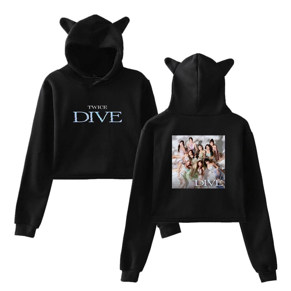 Twice kpop merch black hoodie with cat ears, "TWICE DIVE" logo, and group photo print on the back, perfect for fans of K-pop fashion and collectibles.