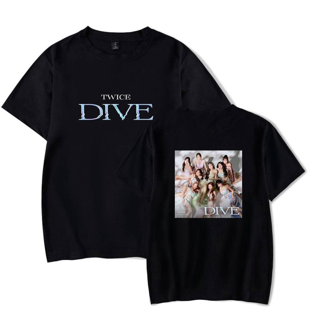 TWICE DIVE black T-shirt with album cover print and logo, perfect for K-pop fans. Stylish and comfortable, ideal for concerts or everyday wear for TWICE enthusiasts.