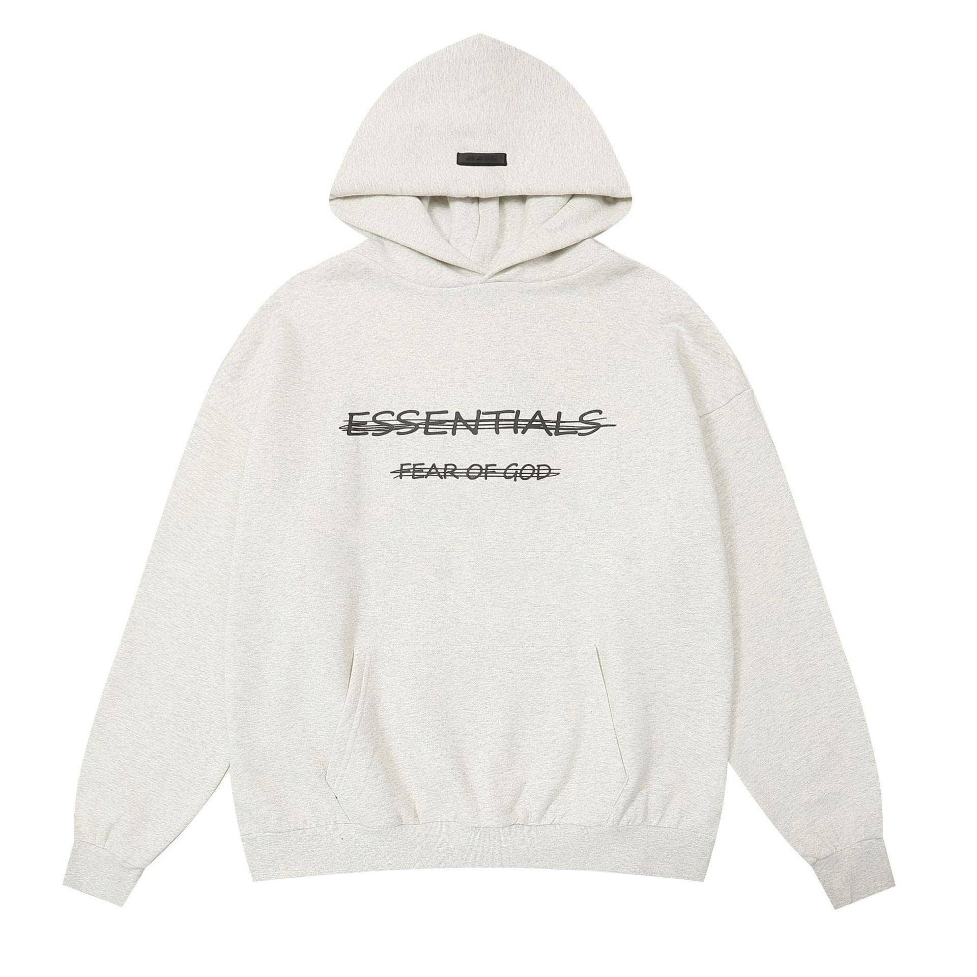 Comfy white hoodie featuring "ESSENTIALS" and "FEAR OF GOD" text print, perfect for K-pop merch fans. Casual streetwear style with a relaxed fit and soft fabric. Great for fans of trendy K-pop fashion.