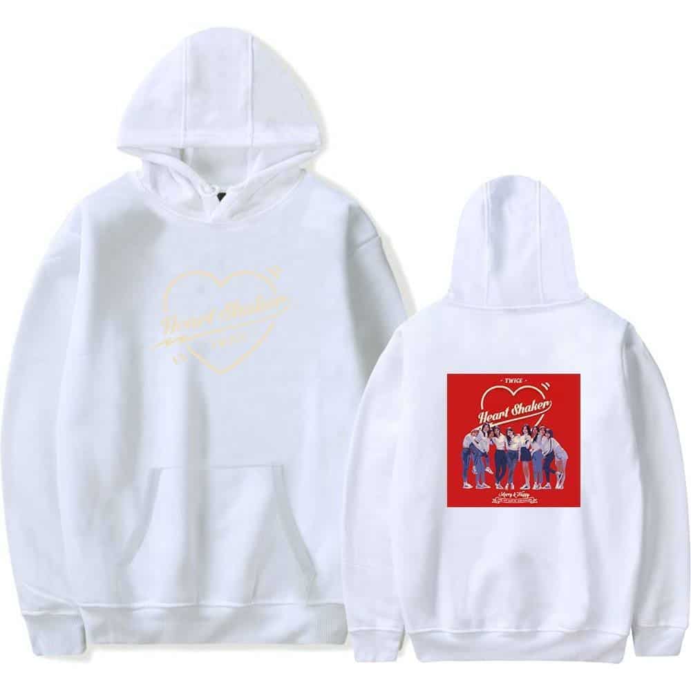 Heart Shaker TWICE hoodie, white crewneck sweatshirt with TWICE Heart Shaker graphic and group photo, perfect K-pop merch for fans, stylish and comfortable.