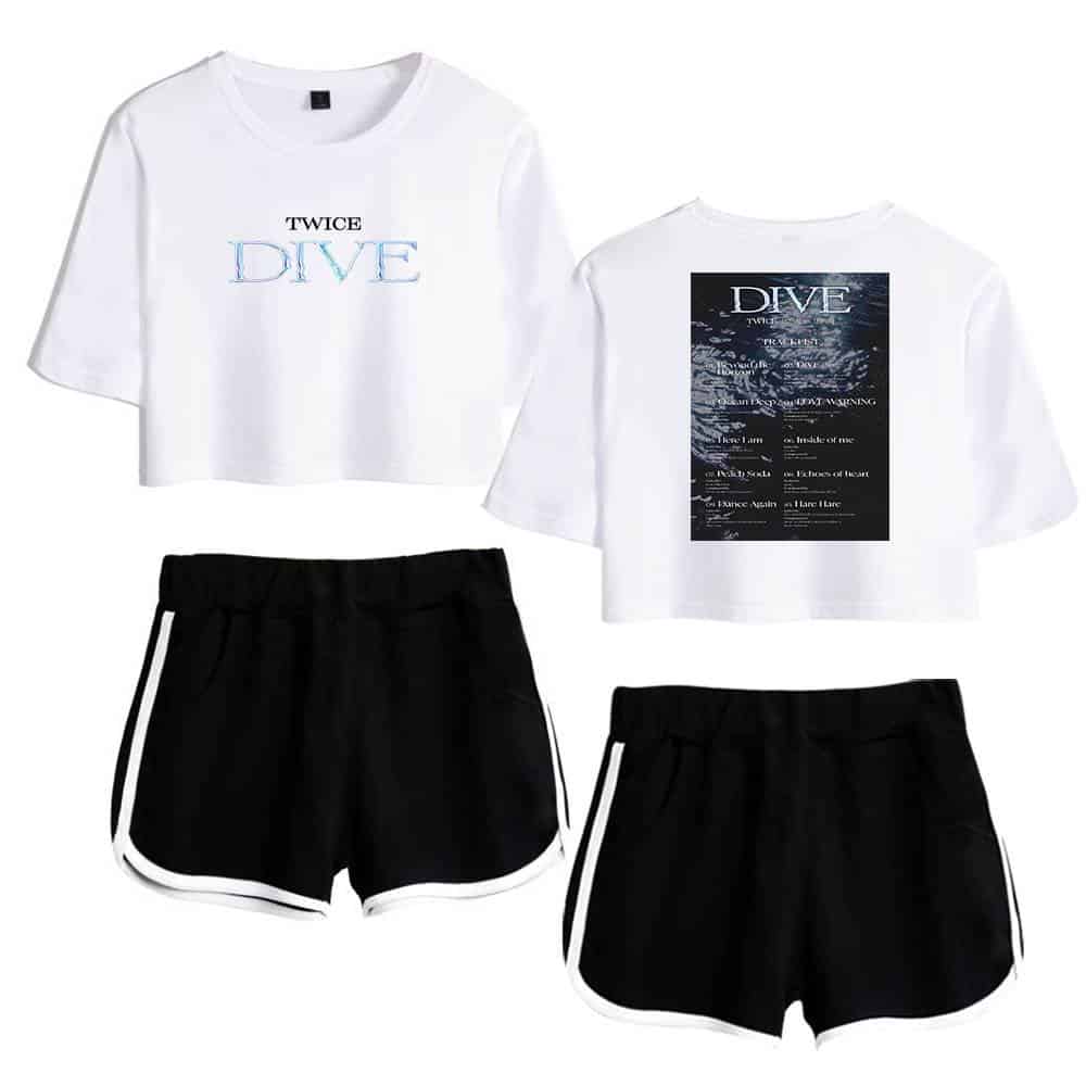 Twice kpop merch, TWICE DIVE graphic t-shirts and black athletic shorts with white trim, perfect for K-pop fans and concert outfits, featuring stylish designs inspired by TWICE's DIVE theme.