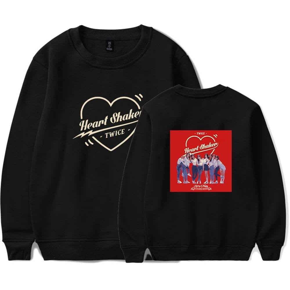 Heart Shaker TWICE black sweatshirt with graphic design.