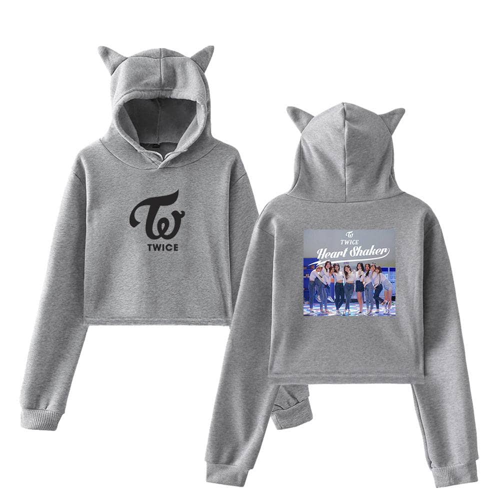 TWICE Kpop hoodie with cat ears, gray sweatshirt featuring the group's logo and a colorful photo print on the back, perfect for fans to showcase their support.