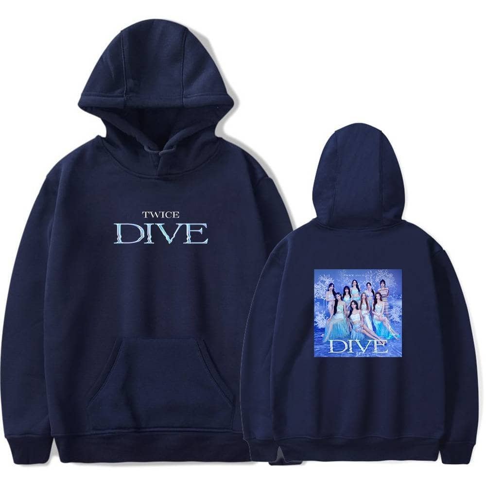 Twice kpop merch hoodie and sweatshirt set with "DIVE" logo and group photo print, perfect for fans and casual wear.