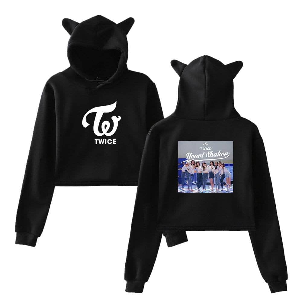 TWICE Kpop hoodie with cat ears and TWICE logo on front, featuring a group photo and album name "Heart Shaker" on back. Perfect for TWICE fans and Kpop merch collectors.