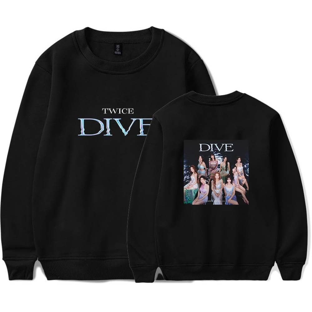 Doble Kpop merch TWICE DIVE sweatshirt with group photo and logo design.