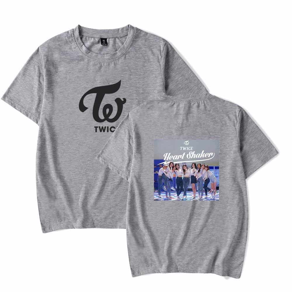 Twice kpop merch, tshirt featuring TWICE logo and group image, casual fan apparel for K-pop enthusiasts.