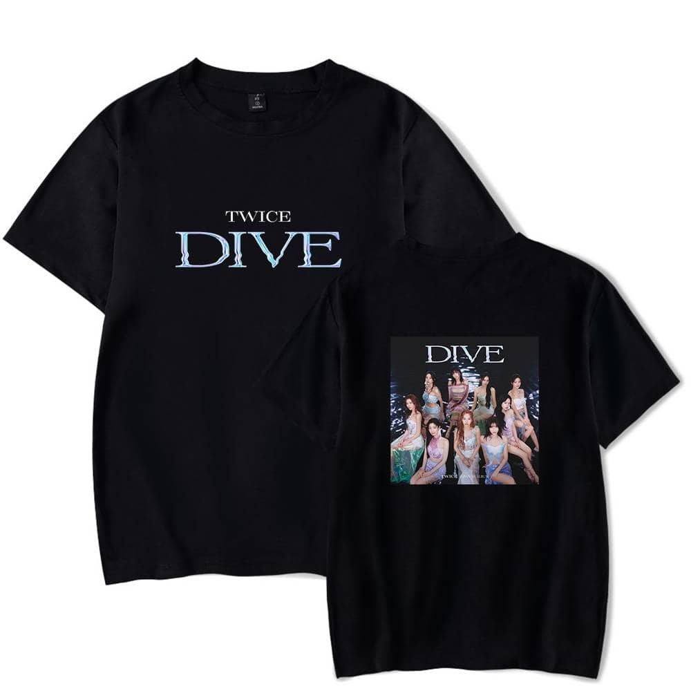 Diverse TWICE DIVE T-shirt with group photo and logo, black unisex cotton tee for K-pop fans, official merchandise, stylish and comfortable.