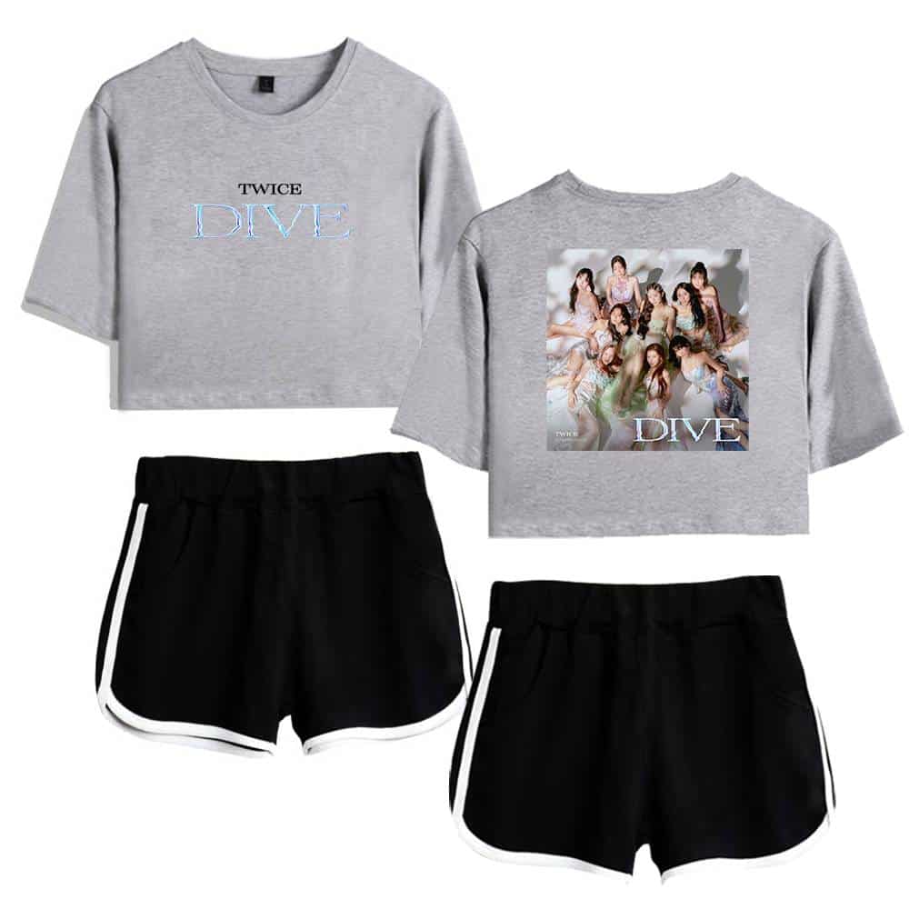 Twice kpop merch, K-pop Twice themed casual clothing set with matching crop top and shorts, perfect for fans to showcase their love for the group in everyday wear.